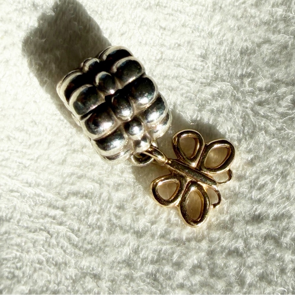 Pandora Sterling Silver & 14K Gold Golden Butterfly Dangle Charm Bead ID 790892